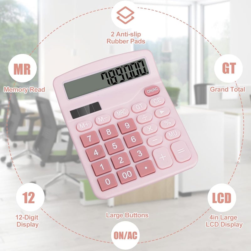 HUTUDD Desktop Calculator, Pink Calculator Big Buttons, 12-Digits Large LCD Display, Solar and AA Battery Dual Power, Desk Calculators for Office Home School Business Class (Pink) - Image 4
